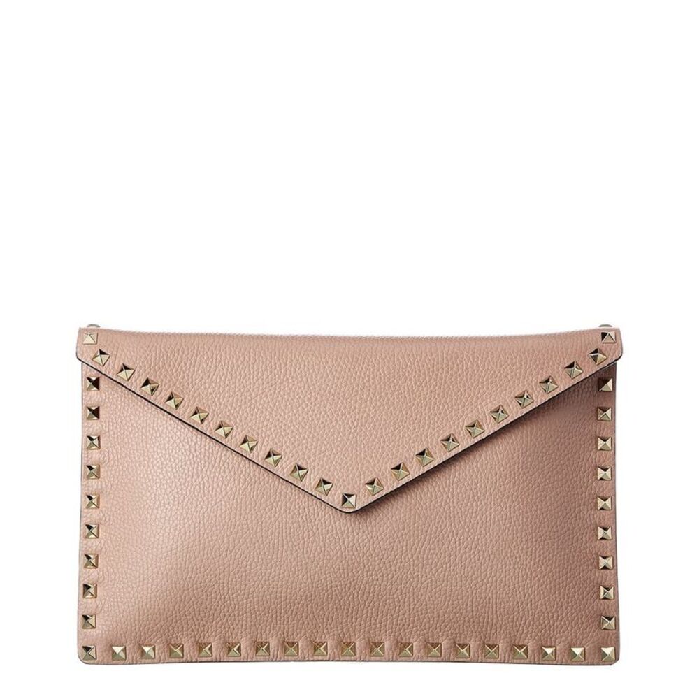 Valentino Rockstud Grainy Leather Pouch, Beige